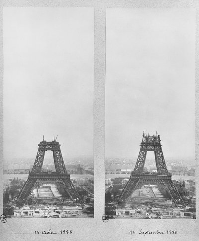 Two views of the construction of the Eiffel Tower, Paris, 14th August and 14th September 1888 by French Photographer